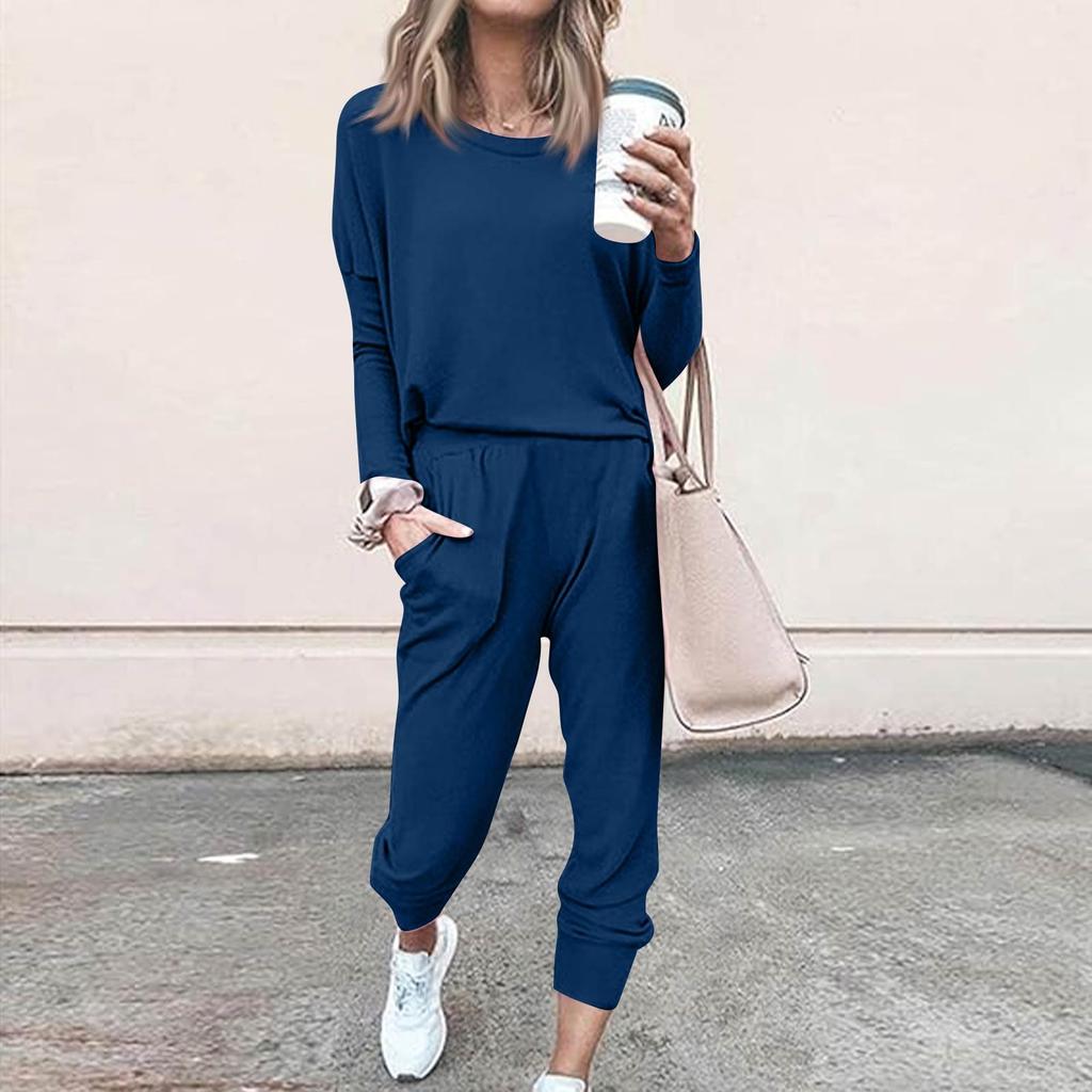 Sets For Women 2 Piece Round Neck Long Sleeve Shirts Colid Sweatpants Pocket Sets