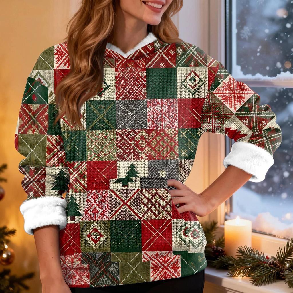 Women's Fashion Casual Long Sleeve Christmas Printed Hooded Sweatshirt