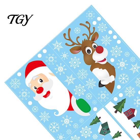 Holiday Party Supplies 4Pcs Christmas Santa Claus & Reindeer Static Window Clings with Snowflake, PVC Removable Decals, Stickers Reusable Glass