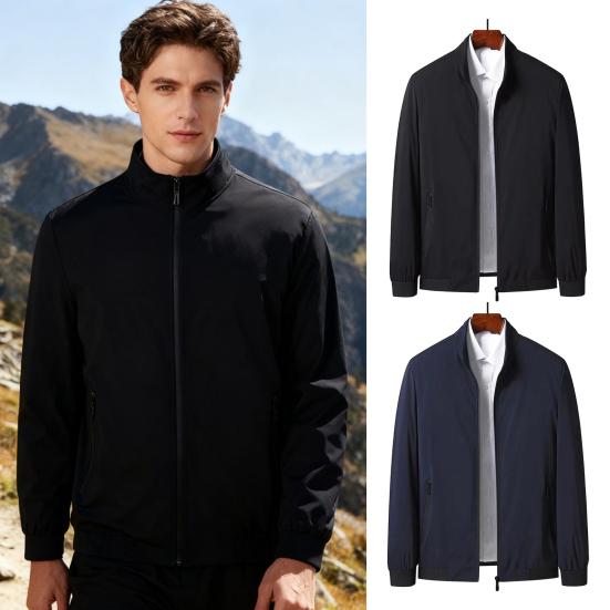 Men Jacket Stand Collar Long Sleeve Zipper Closure Windproof Jacket with Pockets Smart Temperament Men Outerwear