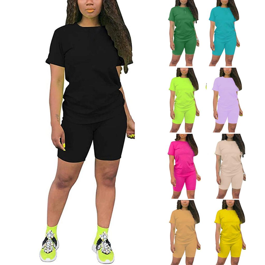 Women's 2 Piece Casual Sports Solid Color Suit Short Sleeve Top And Pants Set