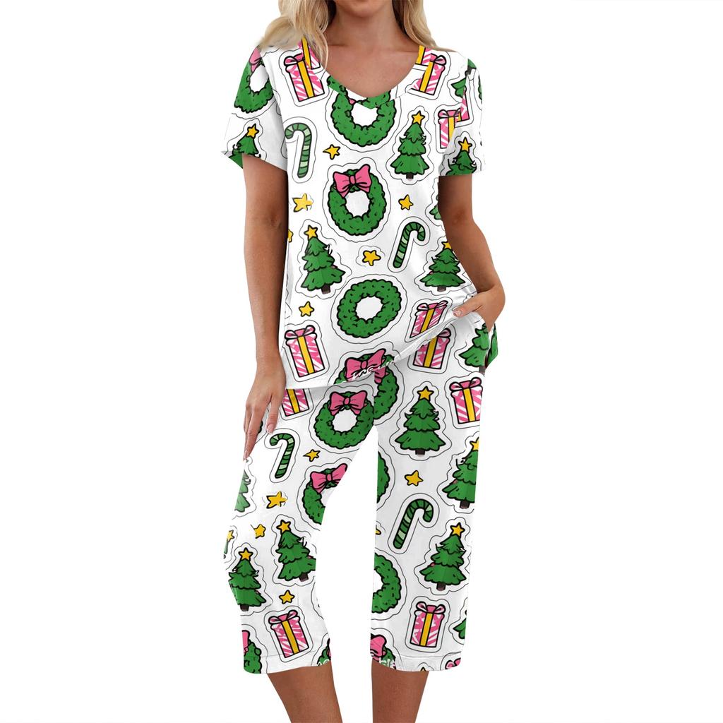 Women's Casual Christmas Print Two-Piece Outfit with Short Sleeve Top and Pants
