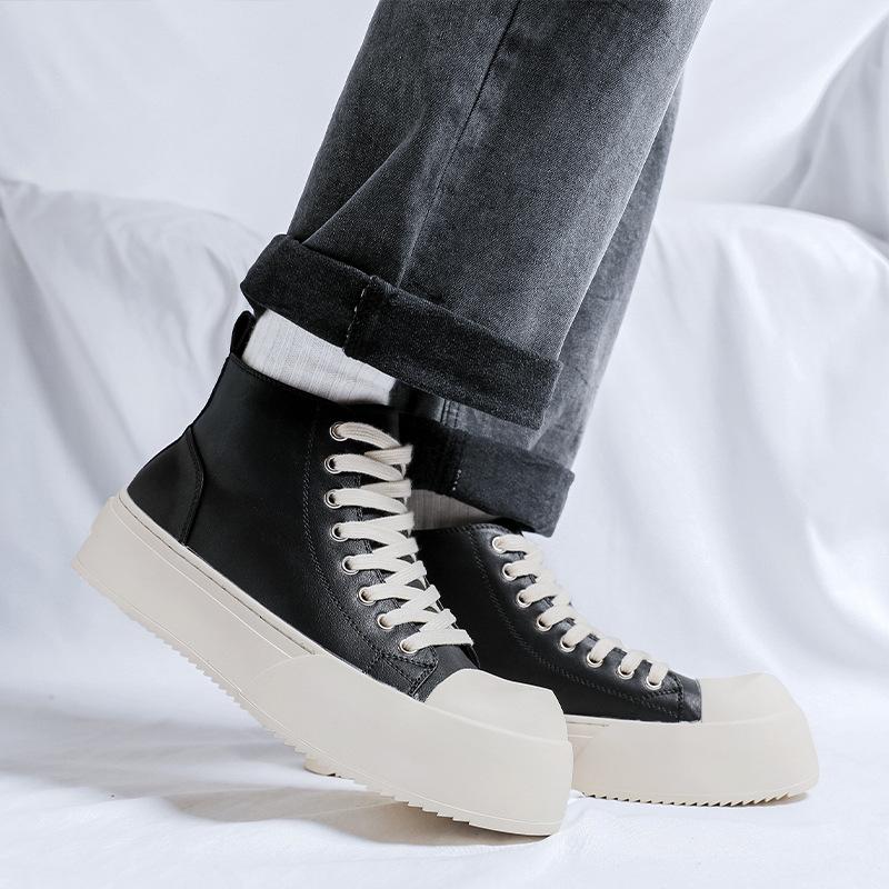 Herren Freizeitschuhe im koreanischen Stil, flache Plateaustiefel zum Schnüren, Original-Lederschuhe, Cowboy-Herbst-Winterstiefel, Street-Knöchelstiefel für Herren