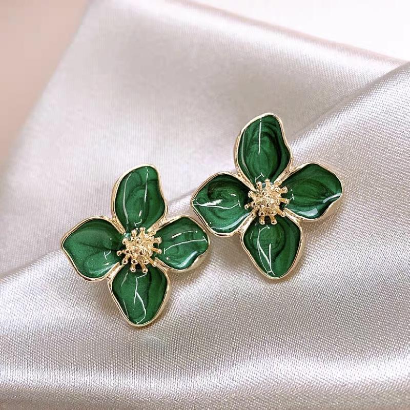 French Retro Red Roselle Drip Glaze Flower Earrings