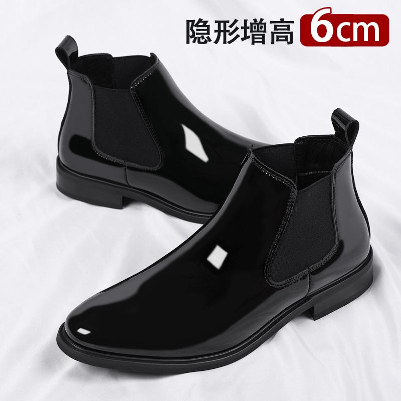 Inner Heightening Chelsea Boots Men's 6cm High-top Leather Shoes Fleece Warm Martin Boots Pointed One-pedal Locomotive Short Boots