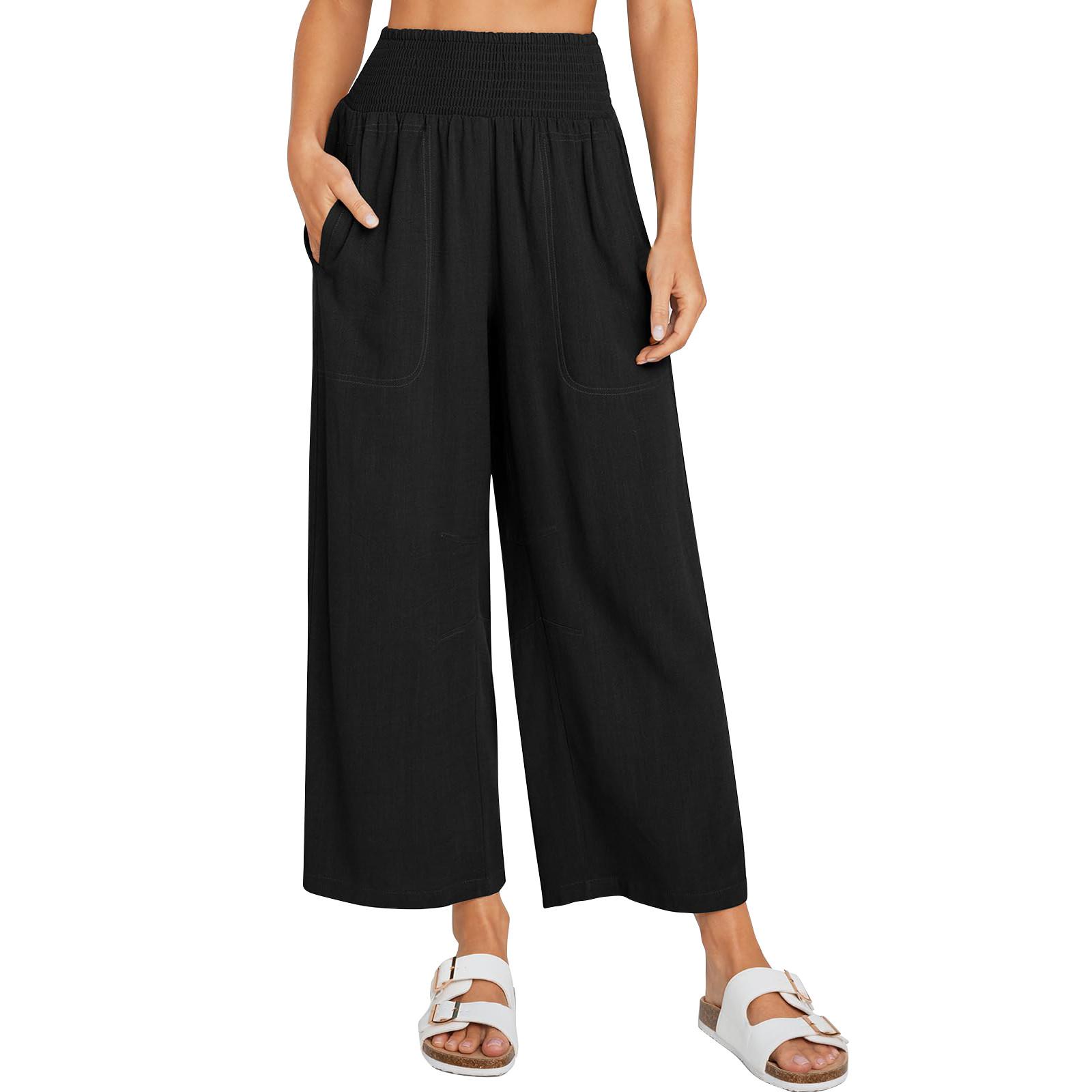 

Женские льняные брюки с широкими штанинами, эластичные брюки-палаццо с высокой талией, повседневная свободная одежда для пляжного отдыха с карманами XXXL чёрный