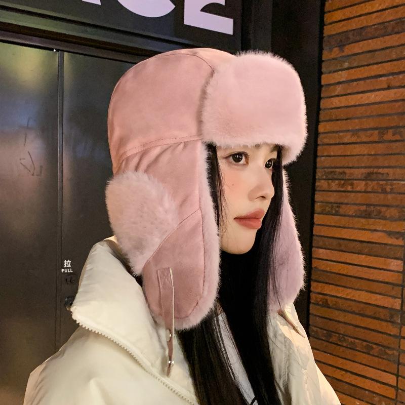 Winter Suede Hat Women's Ear Protection Pullover Cap Outdoor Cycling Skiing Thick Coldproof Bomber Hat