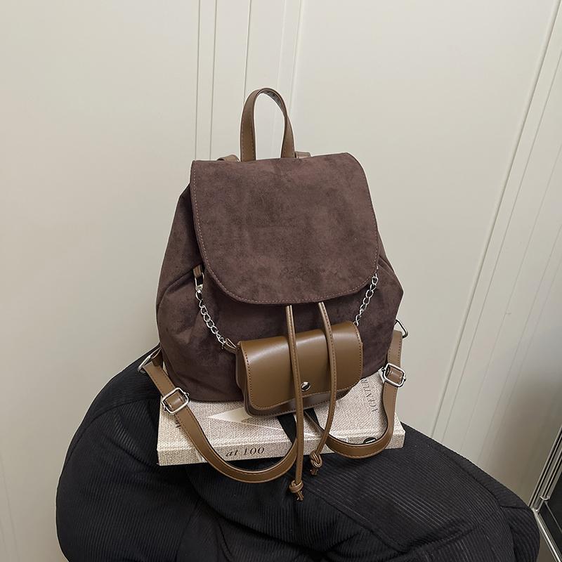 Solid Color Faux Suede PU Chain Commute Backpacks Fashi Casual Youth Sweet Vintage Style Thicken Women's Schoolbags
