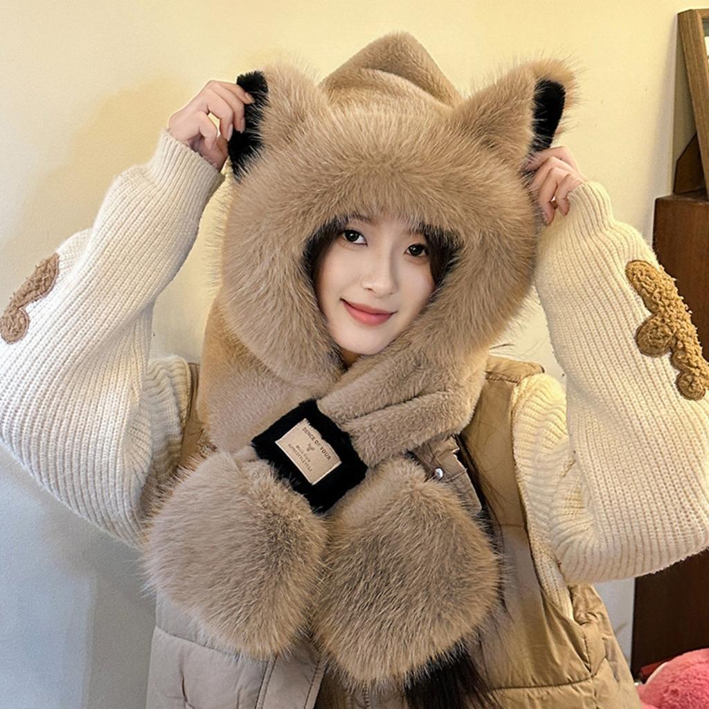 Plush Cute Fox Ear Hat Scarf One-piece Women's Autumn and Winter Hooded Scarf for Cycling and Keeping Warm