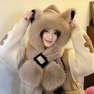 Chapeau Écharpe Renard Mignon en Peluche Une Pièce pour Femmes Automne Hiver Écharpe à Capuche pour Vélo et Garder au Chaud