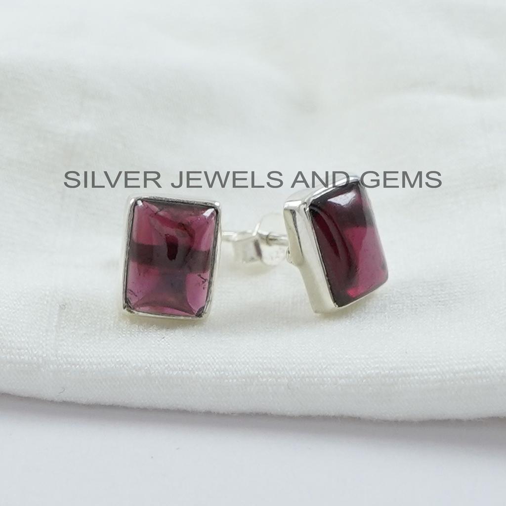 Handmade Rectangle Garnet Stud Earrings: 925 Sterling Silver