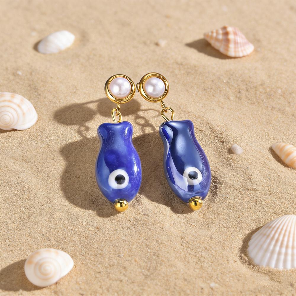 Stainless Steel Earrings Colorful Ocean Ceramic Fish Drop Dangle Earrings for Women Summer Beach Holiday Handmade Jewelry Gift