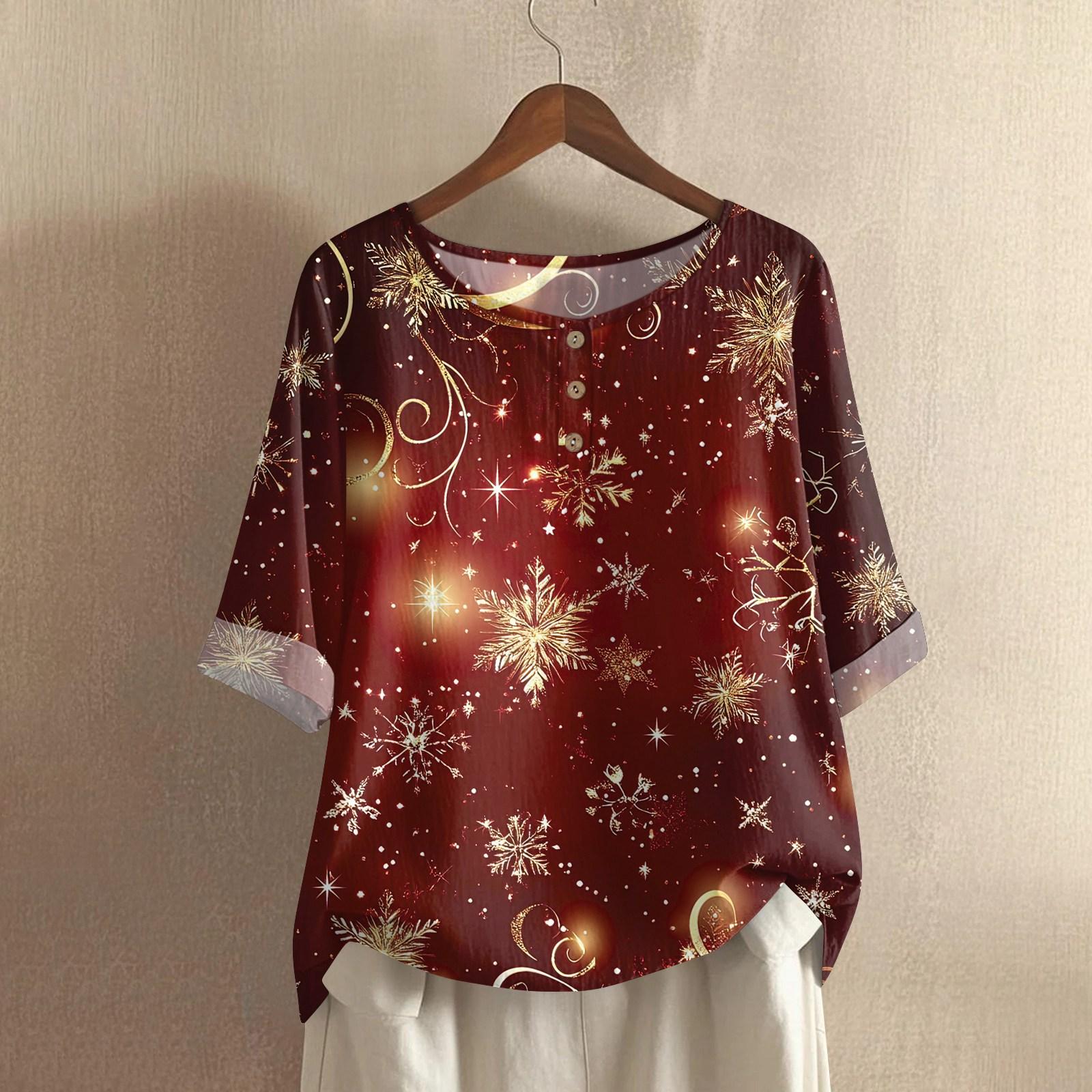 

Women s Fashionable And Casual Shirt Half-sleeve Round Neck Christmas Print Cotton And Linen Blouse Top XL