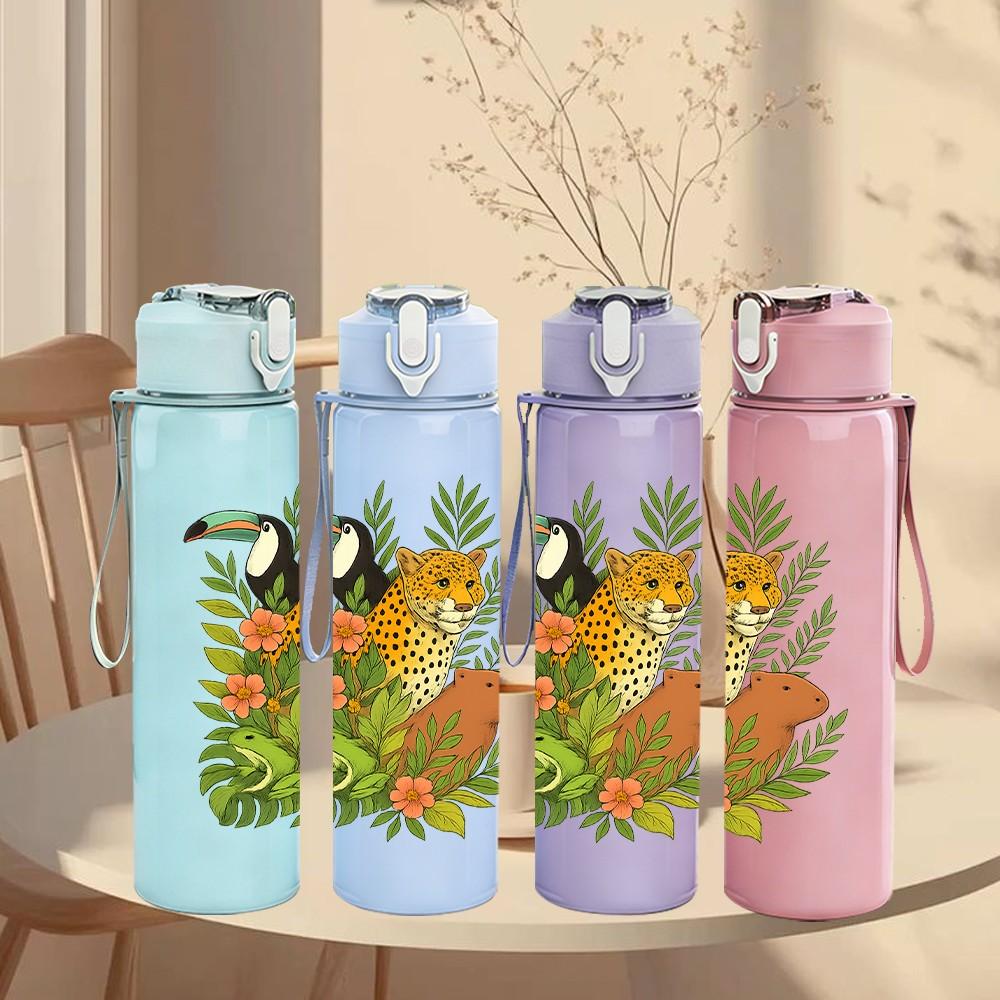 1PC Tropical Leopard Pattern 750ml Color Plastic Sports Water Bottle Leakproof Flip Straw Lid Suitable for Sports Office Home Use