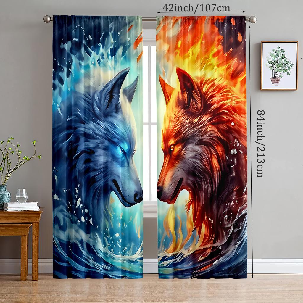2pcs- Ice and Fire Wolf Head Polyester Curtains, Pole Bag Curtains 42 * 84, Bedroom, Living Room, Home Room Decoration