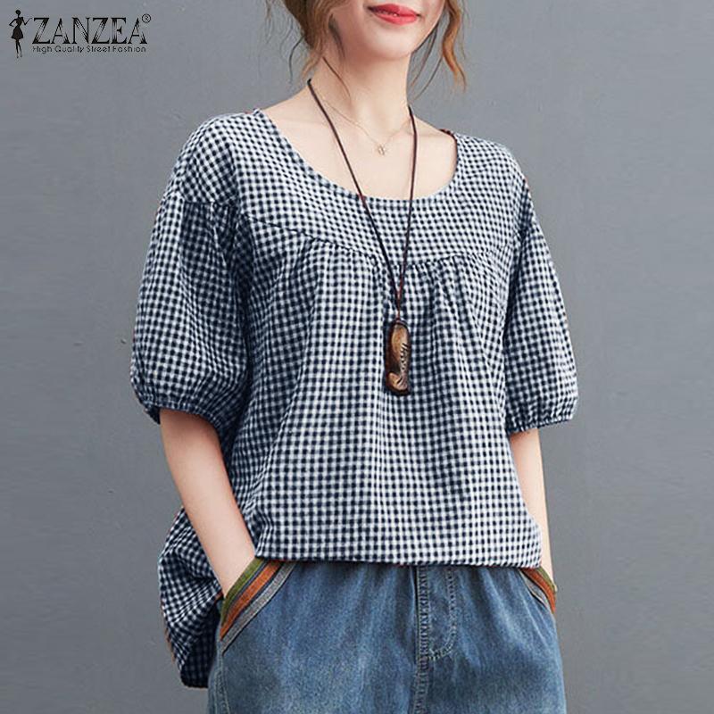 ZANZEA Women Casual Crew Neck Half Sleeve Grid Printed Blouse