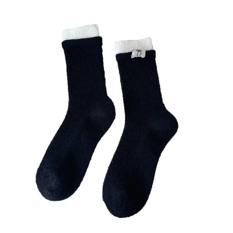 2 Pairs of Wool Socks - Children's Autumn-winter Thick and Warm Color-matched Double-cuffed Fabric Logo Bow Knee-length Socks Trendy Wool Long Socks