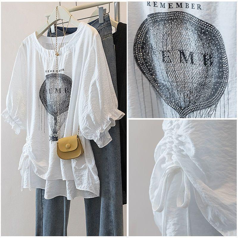 T-shirt da Donna Taglie Forti con Maniche a Tulipano in Seta Ghiacciata - Vestibilità Larga, Modellante, Stampa Estiva