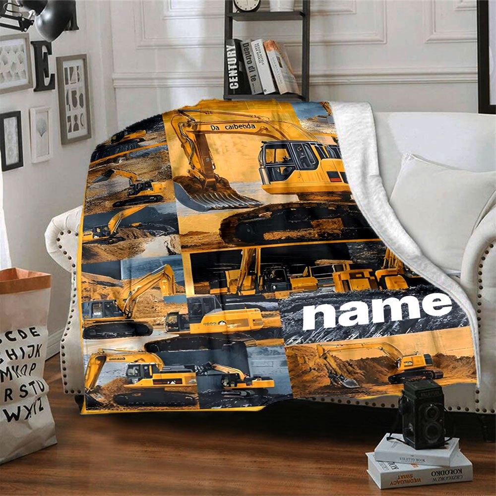 Excavator Collage Lightweight Personalized Blanket Customize Text Durable Comfort Great For Sofa Couch Office Bed Picnics All Season Use Versatile