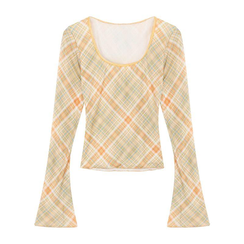 Sexy Contrast Color Check U-Neck Long-Sleeved T-shirt Women's Autumn Not To Tight Waist Silm Bottoming Shirt Short Inner Wear Small Top