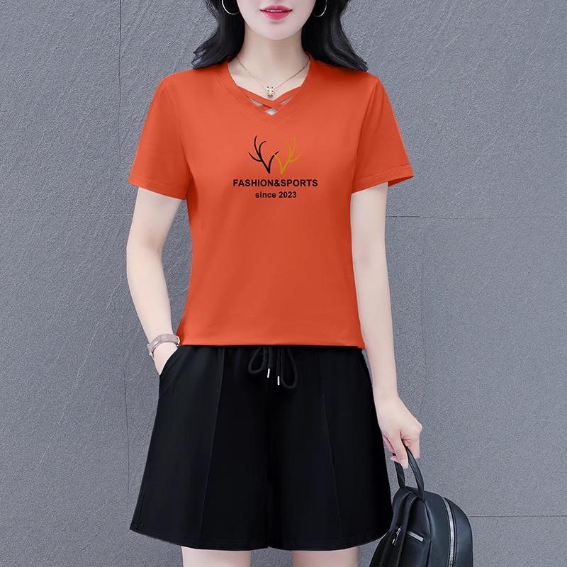 Women's Crew Neck Short Sleeve Letter Print Loose Fit Cotton Tracksuit Short Sleeve Top Elastic Waist Short Pants