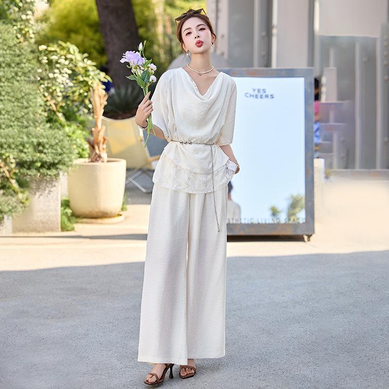 Summer new design sense fashionable lace splicing pile collar top wide leg pants suit women