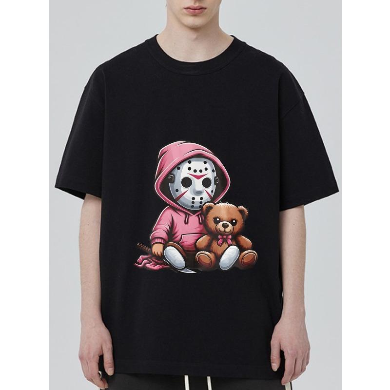 Black T Shirt With Jason Voorhees And Teddy Bear Graphic For Casual Wear
