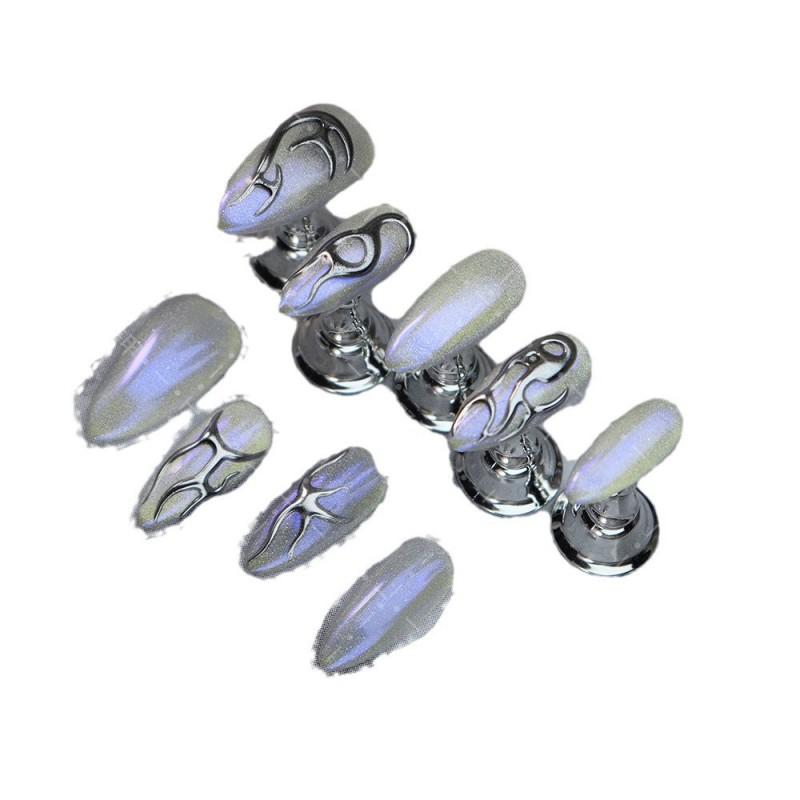 Handmade Press-On Nails Flame Design Almond Shape Liquid Metal Futuristic Dark Aesthetic