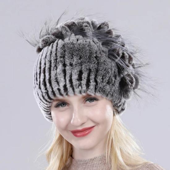Brand Women Genuine Rex Rabbit Fur Hats Winter Rex Rabbit Fur Beanies Striped Top Flower Fox Fur Warm Real Fur Knit Caps