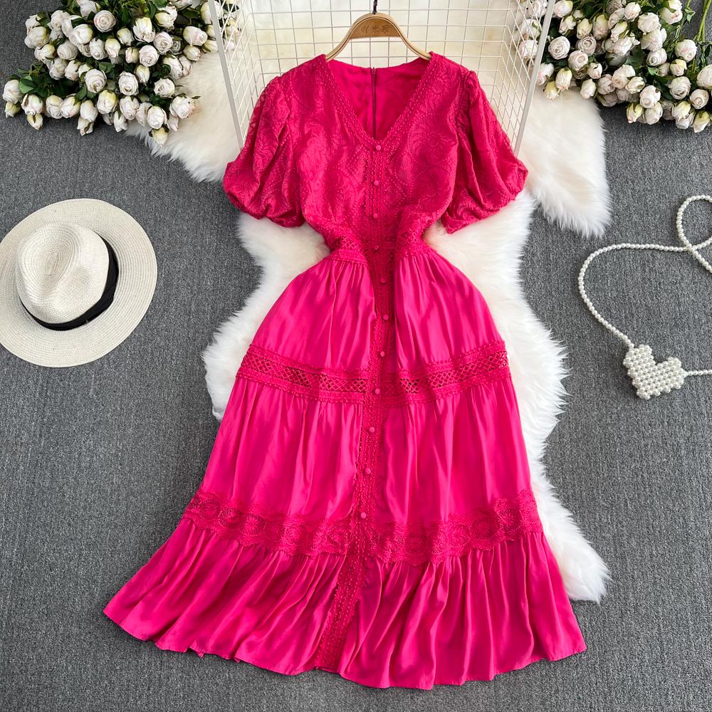 

Новое летнее женское платье с v-образным вырезом и пышным коротким рукавом, тонкое длинное платье высокого качества, кружевное лоскутное платье с большим подолом, винтажное платье с вышивкой L розы красного