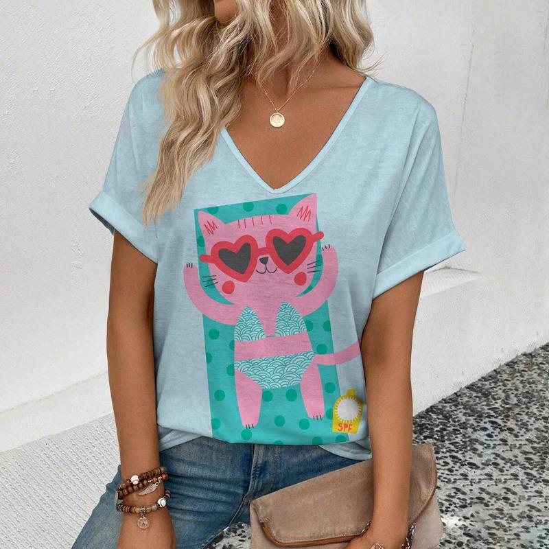 Summer Simple Trendy V-neck T-shirt Loose Casual Cat 3D Digital Printed Casual Short Sleeve T-Shirts Women’s