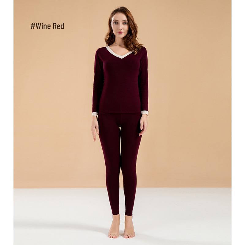 Women's V-Neck Pure Cotton Warm Base Layer Set - Autumn/Winter