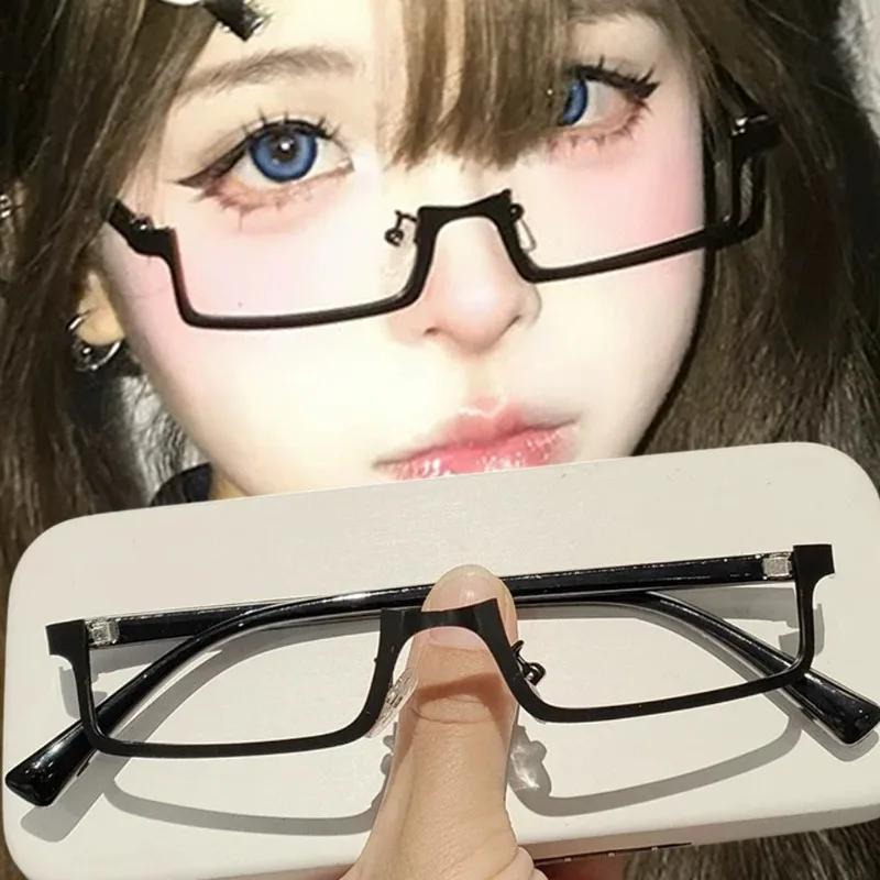 1/2Pcs Y2k Japanese Half-Frame Glasses Women Cosplay Red Black INS Vintage Metal Square No Lense Decoration Eyeglasses Frame