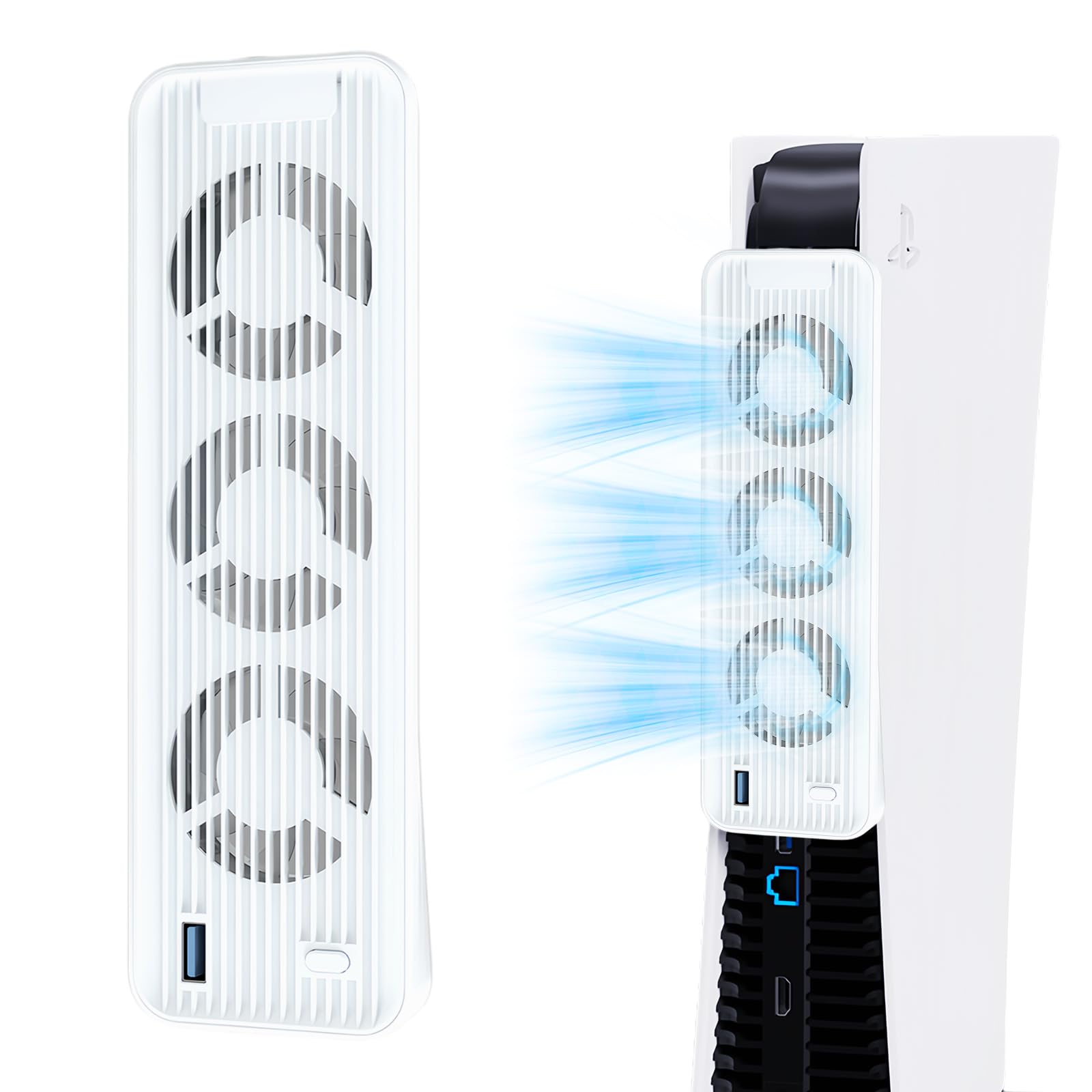 

Вентилятор охолодження для старої PS5 Вентилятор для розсіювання тепла для старої PS5 2020 Для консолі PS5 Регулювання швидкості вітру охолодження Світлодіодне підсвічування USB-порт в комплекті Низький рівень шуму