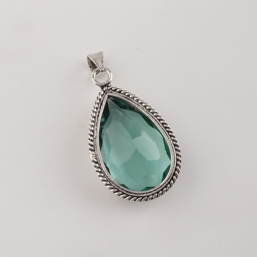 Green Apatite Gemstone Silver Pendant 1.8" , 925 Sterling Silver Handmade Jewelry, Pear Shape Pendant For Women PP-65-8