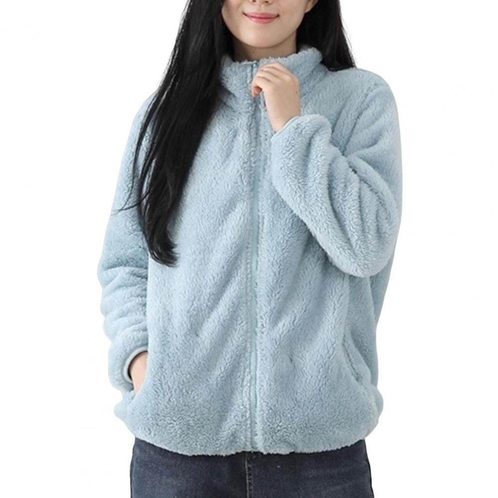 Women Winter Coat Thick Plush Stand Collar Neck Protection Keep Warm Long Sleeves with Pockets Outdoor Commuting Jacket