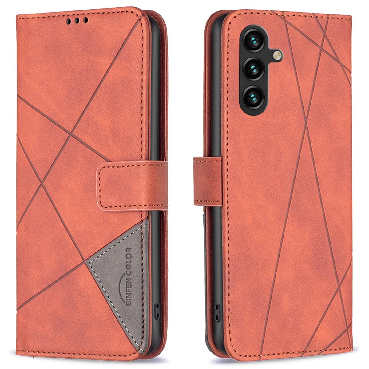 

BINFEN COLOR For Samsung Galaxy A36 5G Phone Cases Wallet Stand Geometry Imprinted Leather Cover Brown