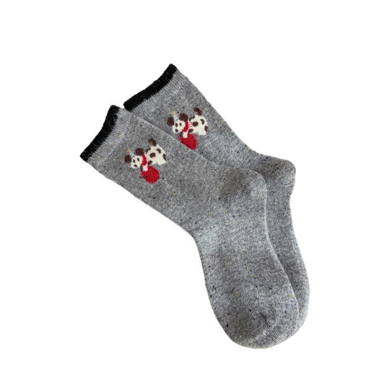 Grey Cute Christmas Dog Socks for Women, Thick and Warm Wool Mid-calf Socks for Autumn and Winter, Pile Socks with Burken Shoes