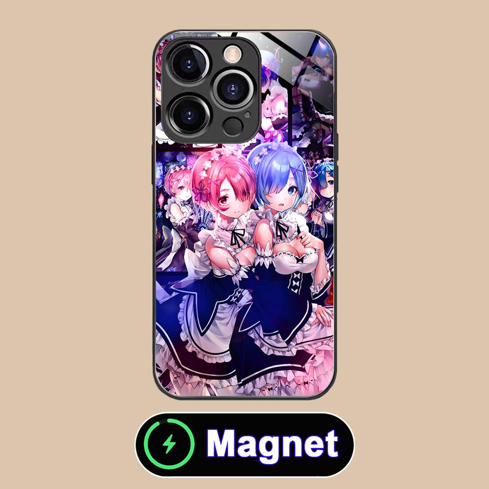 ReZero Rem Ram Glass MagSafe Mobile Phone Case for iPhone 17 16 15 14 13 12 11 Air Pro Max Plus Mini Colorful Cover