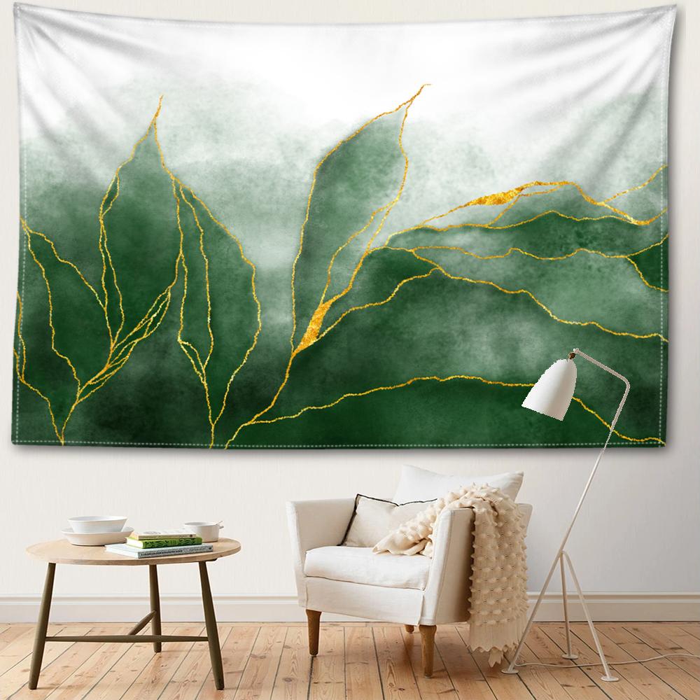 White Green Gilded Leaf Printed Tapestry, Modern Art Style Room Bedroom Study Living Room Wall Hanging Art Wall Decoration