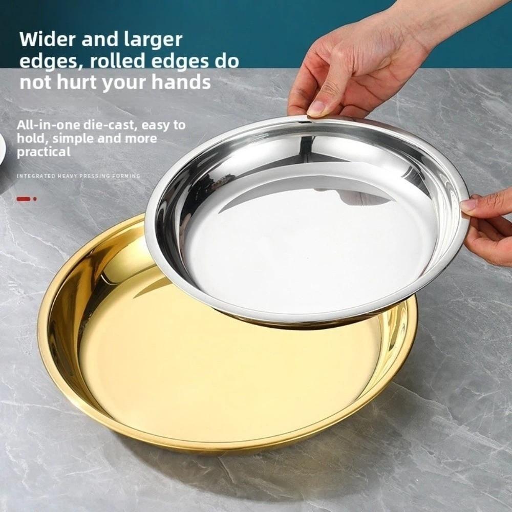 Durable Stainless Steel Round Plate Shallow Tray Easy Clean Rustproof Outdoor Camping Tray Flat Baking Cake Plate Restaurant