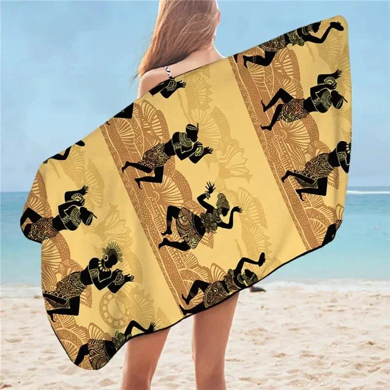 African Woman Beach Towel Bathroom Quick Dry Desert Geometric Sunblock Artworks Exotic Adult Towel for Yoga Camping Gym Hotel