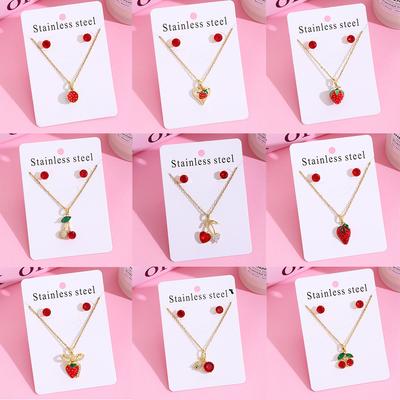 Strawberry Cherry Micro-Inlaid Necklace Stud Earrings Set, Light Luxury And Sweet 304 Stainless Steel Design Collarbone Chain