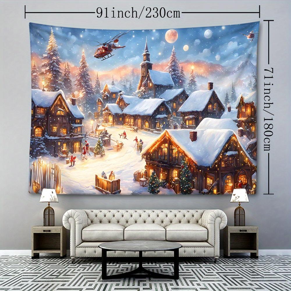 Christmas Village Scene Tapestry – Woven Polyester Fabric Wall Hanging, 90g Brushed Fabric, Animal Theme Graphic Tapestry, Portrait Orientation, No E