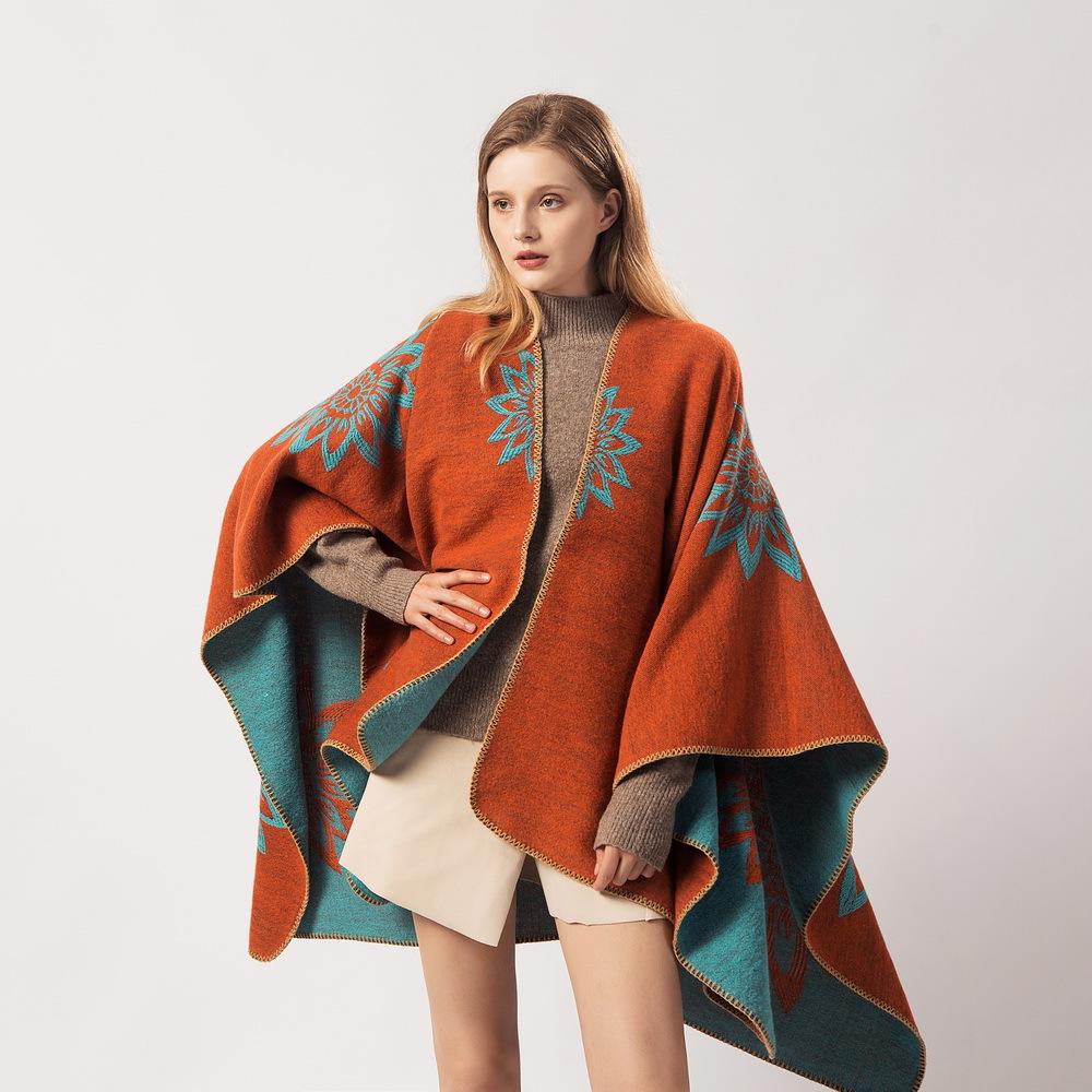 Women's Autumn Winter Extended Fashionable Scarf Shawl Dual-use Travel Warm Double-sided Imitation Cashmere Flower Cape