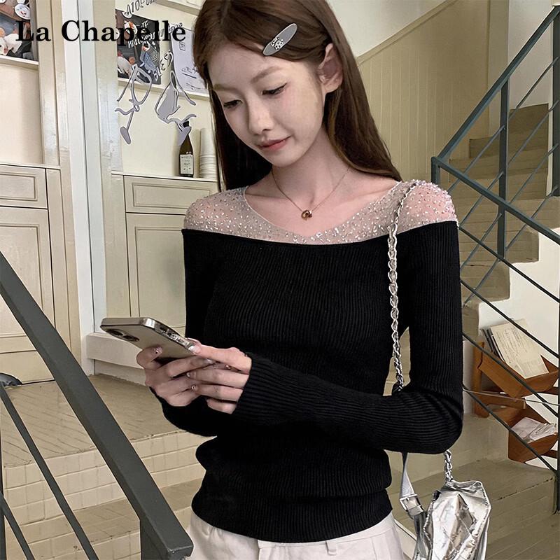 La Chapelle Women's Slim Fit V-Neck Long Sleeve T-Shirt with Mesh & Rhinestone Embellishment