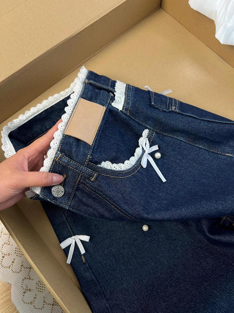 Blue Lace Denim Jeans: Women's Slimming, Loose-Fit, Washable Straight Pants for Spring and Autumn