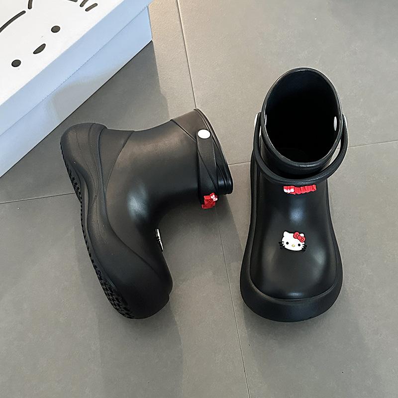 Cartoon solid color casual short boots Hello Kitty platform rain shoes women's summer fashion cute lazy one pedal rain boots