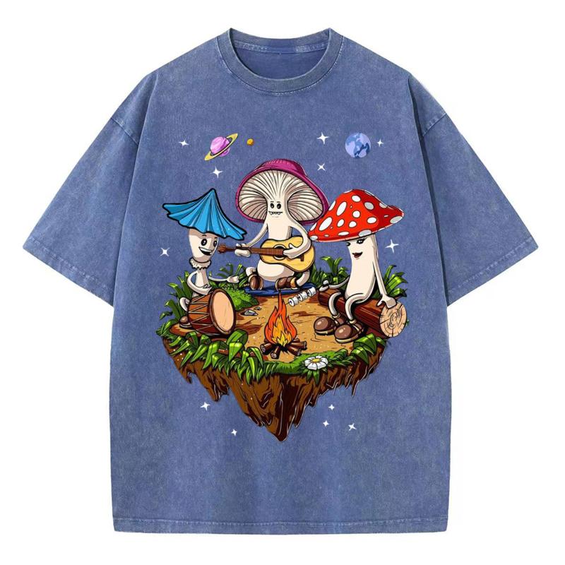 T-shirt Femme Été Coton Coupe Ample Manches Courtes Mignon Imprimé Champignons Colorés Style Film Conte de Fées Lavage Neutre