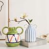 Ceramic Hand-painted Flower Vase Desktop Centerpiece Ornament Home Decoration Cartoon Face Vase With Double Handle